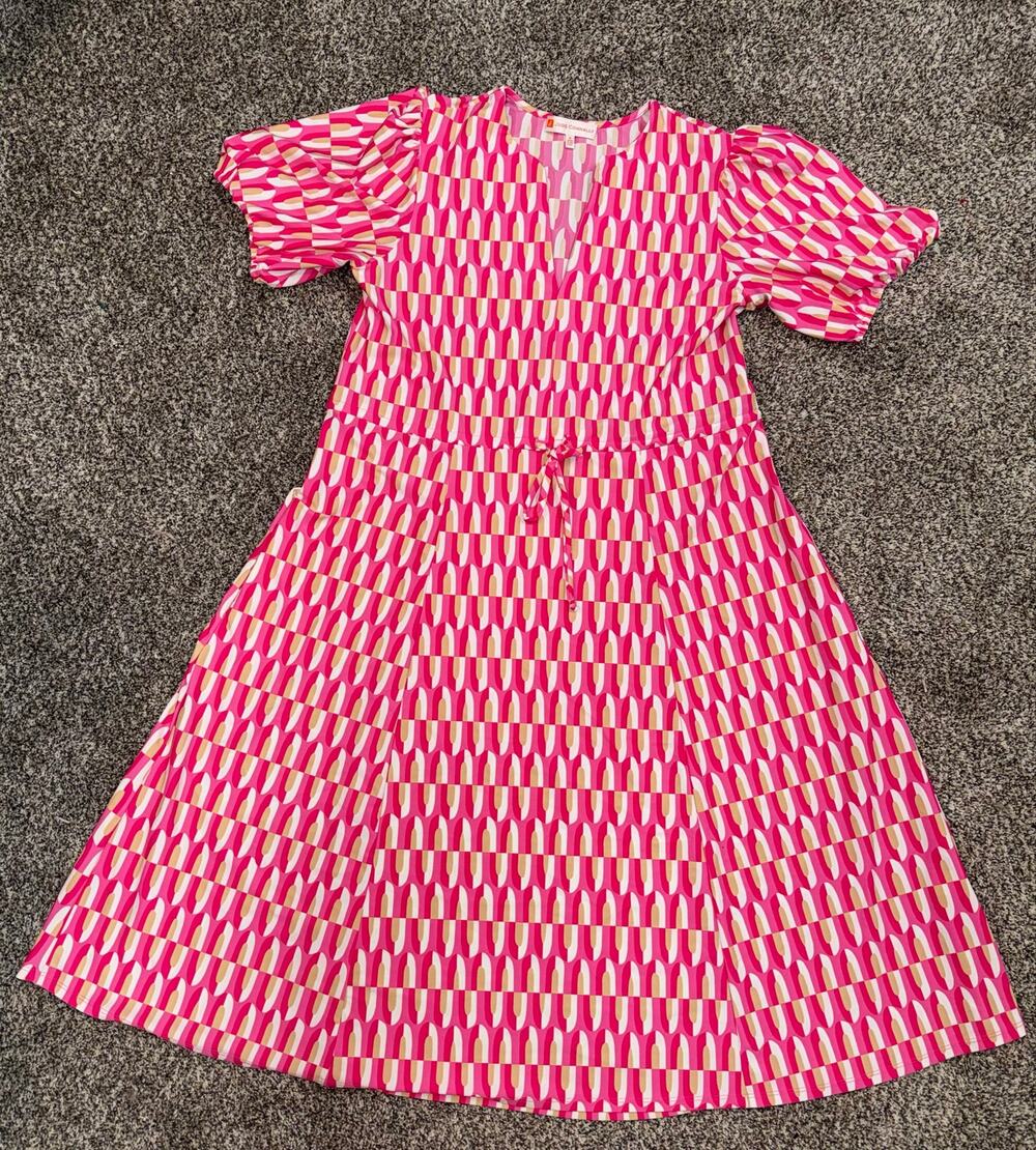 Jude Connally Cassandra Dress M Pink Geometric Puff Sleeve Midi Made USA